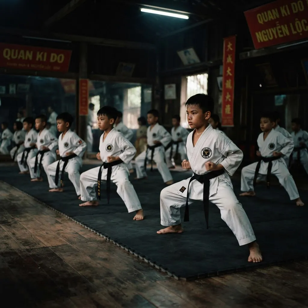Enfants pratiquant les déplacements et positions traditionnelles de Qwan Ki Do près de Sète