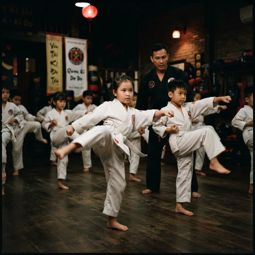 Enfants pratiquant un art martial sino-vietnamien près de Sète : exercices de pieds-poings